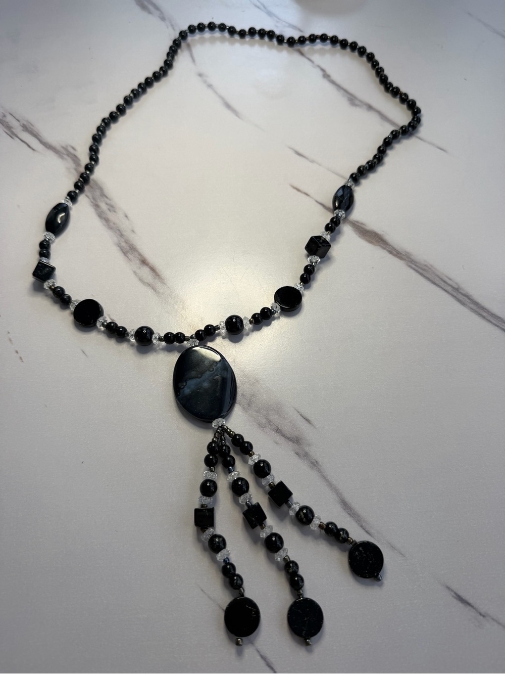 Black Beaded Tassel Pendant Necklace